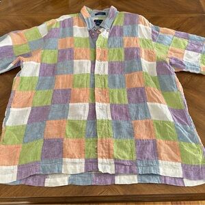 Paul Fredrick Linen Patchwork Short Sleeve Button Down Shirt, Size XXL, Causal